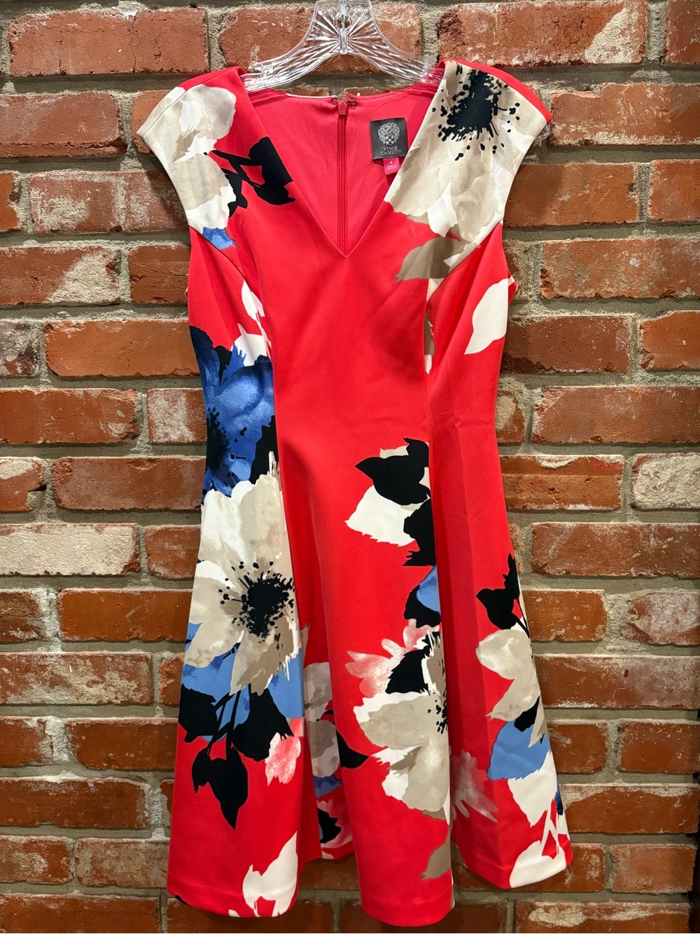 Vince Camuto Coral Red Floral Cap Sleeve Fit & Flare Dress Size 4